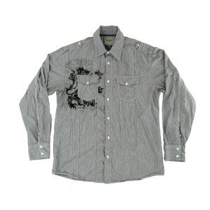 Roar Mens Dress Shirt L Embroidered Grey Black Long Sleeve